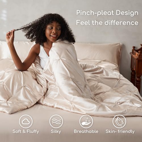 MR&HM Satin Comforter Full 7 Pieces - Luxurious Pinch Pleat Bedding Set with Comforter, Flat Sheet, Fitted Sheet, Pillowcases & Shams, Super Silky Soft Bed Set for All Season (Full, Beige)