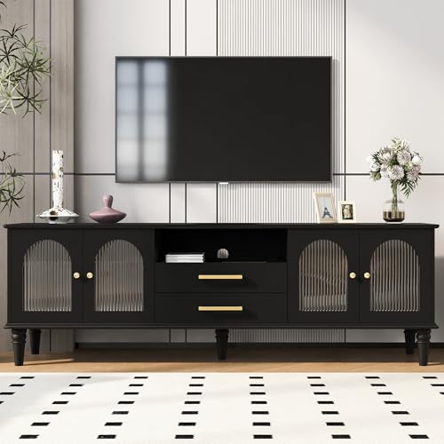 For Tvs Up To 75 Inches, Entertainment Center Media Console Table With Storage Cabinet, Fluted Glass Doors, Wood Legs For Living Room