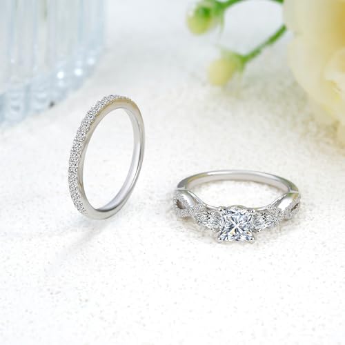 2 Carat(ctw) Princess-Cut Moissanite Engagement Rings Sets for Women,925 Sterling Silver 3 Stones Infinity Wedding Rings Sets,Bridal Ring Set for Anniversary Birthday3