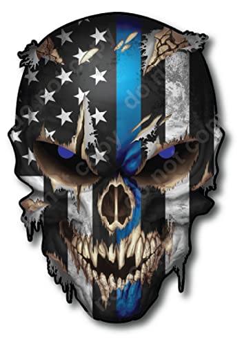 Image of Blue Line Skull Decal Sticker with Reflective Eyes Thin Stripe I Support Police Vinyl Bumper Graphic Black White Emblem for Car Truck Vehicle