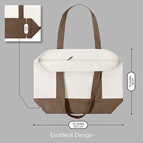 Image of TOPDesign 1-Pack Canvas Tote Bag with an External Pocket, Reusable Grocery Shopping Bag, Top Zipper Closure, Daily Essentials (Brown /Natural)
