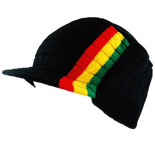 Rasta Visor Beanie Skull Cap Stripe Jamaica Reggae Beige Black