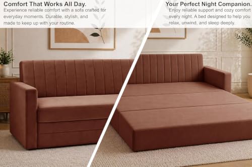 Image of Modern Velvet 3 Seater Sofa Cum Bed with Armrest, Convertible Sleeper Couch Sofa for Living Room, Bedroom & Office - Brown Color