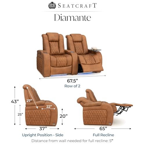 Image of Seatcraft Diamante Tawny Italian Leather Home Theater Seating, Zero Gravity Power Recliner Gaming and Home Office Chair, Powered Headrest Lounge Sofa Furniture for Cinema Room, Row of 2