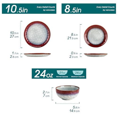 Image of vancasso Starry Dinnerware Set for 4, Handmade Reactive Glaze Stoneware 12 Pieces Plates and Bowls Sets, Dishwasher and Microwave Safe Dish Set, Red