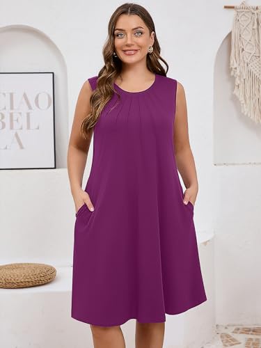 Image of AusLook Plus Size Midi Dress for Women Sleeveless Casual Summer Tank Dress with Pockets A-Line Loose Swing Dress 1-5X