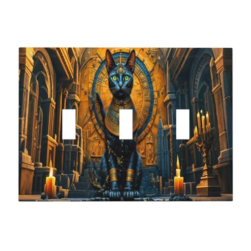 Decorative Switch Covers Plate Egyptian Black Cat Vintage Gold Decorated 3 Gang Wall Plate Oversized Triple Toggle Light Switch Plate Jumbo Faceplate for Bedroom Home Decor