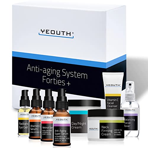 Anti Aging Skin Care 40s, Cleanser, Toner, Vitamin C, Hyaluronic Acid, and Super Serum, Eye Gel, Neck & Face Cream, Beauty & Personal Care, Facial Skin Care Products Men & Women 8-Piece Kit by YEOUTH