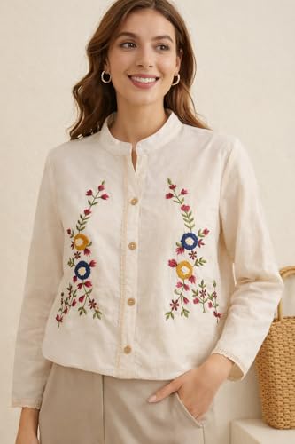 Image of RIEKA Womens Off White Cotton Shirt with Multicolour Floral Embroidery Button Down Mandarin Collar Relaxed Fit Casual Wear Top