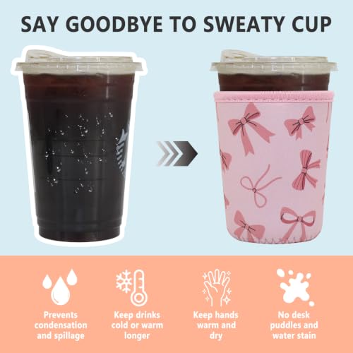 Image of 3 Pack Reusable Iced Coffee Sleeves - Xumbtvs Insulator Sleeve for Cold Beverages, Neoprene Coffee Cup Holder (Pink Bow)