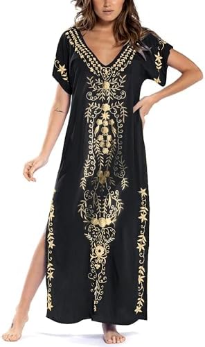 Busbseach Caftan Dresses for Women Embroidery Short Sleeve Beach Cover Up V Neck Maxi Kaftan Dress