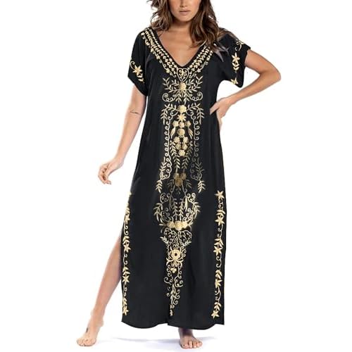 Busbseach Caftan Dresses for Women Embroidery Short Sleeve Beach Cover Up V Neck Maxi Kaftan Dress Black