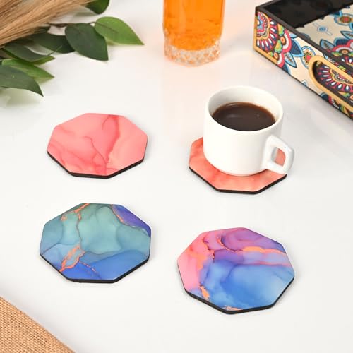 Image of Coaster Set of 4 MDF Wood with Marble Theme Design | Decorative Wooden Coasters for Tea Cups, Coffee Mugs & Glasses (3.5 x 3.5 inch) | Eco-Friendly (Glossy Marble, 3.5)
