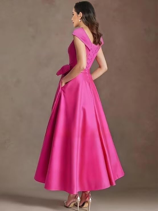 Satin V Neck Mother of The Bride Dresses for Women Long A Line Bow Formal Evening Dresses with Pockets2