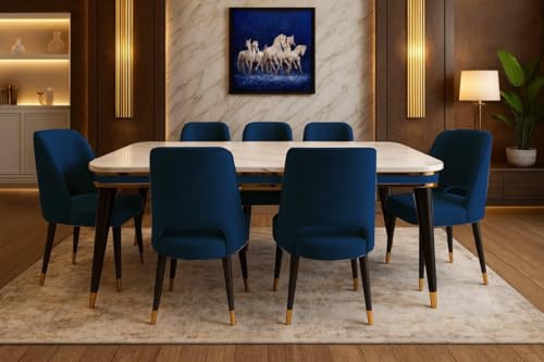 Image of WOODEN SPACE 6-Seater Wooden Dining Table Set | Nano Composite Marble Top | Solid Wood Base | Modern Dining Room Furniture with 6 Chairs (Navy Blue Vintage)