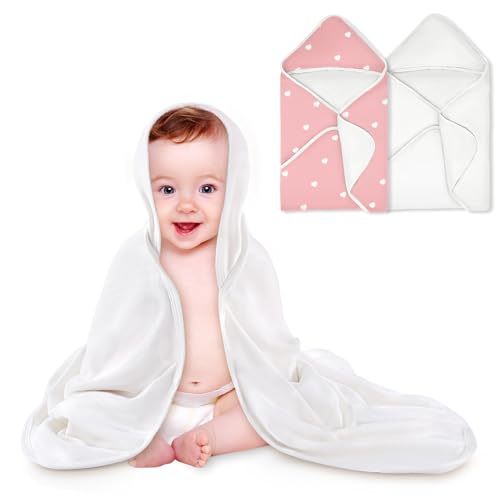 Image of BabyAlly Baby Towels 2 Pack,Hooded Baby Towels Set,Baby Infant Bath Towels with Hood,Soft and Absorbent Nursery Towel,Large 28x28 Inch, Newborn Essential(Pink Heart + Pure White)