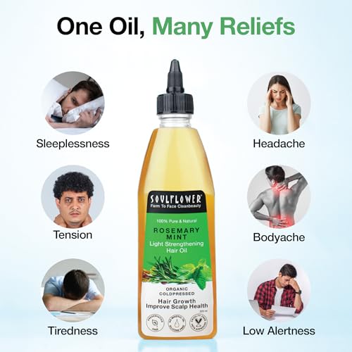 Soulflower Rosemary Mint Light Hair Oil | Hair Growth, Hair Fall Control, Dandruff & Split Ends | With Amla, Argan, Castor | Cooling Scalp Oil for Men & Women | 100% Natural & Organic | 225ml