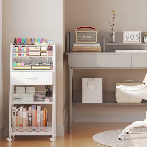 image for Homsorout 3 Tier Rolling Cart - Metal Utility Cart with Storage Drawer