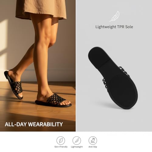 Image of Ruiee Wide Width Flat Sandals for Women. | Wide Width Sandals, X-Wide Feet Slides, Summer Braided Flat Slides, Versatile, Fashion Comfort