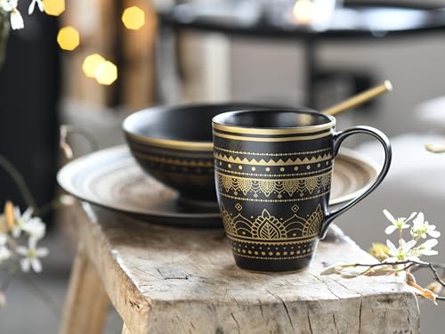 CreaTable, 23586, Serie MANDALA GOLD - schwarz, 16-teiliges Geschirrset, Kombiservice aus Steinzeug, spülmaschinen- und mikrowellengeeignet, Qualitätsproduktion