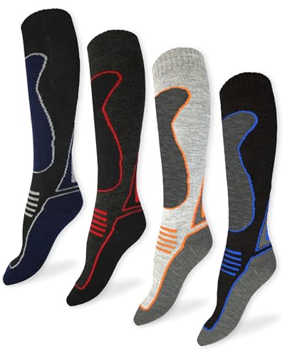 ThreadCo Mens Ski Socks - Long Mens Thermal Socks For Skiing Snowboarding Walking - Anti-Blister High Performance Winter Socks - 4 Pk - Dark Mix - Size UK 6-11