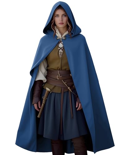 JDFAIJEAL Capa medieval com capuz para mulher, capa longa vitoriana renascentista com capuz, para carnaval, fantasias de Halloween, vampiros, bruxas, vikings, cosplay. (azul, tamanho único)