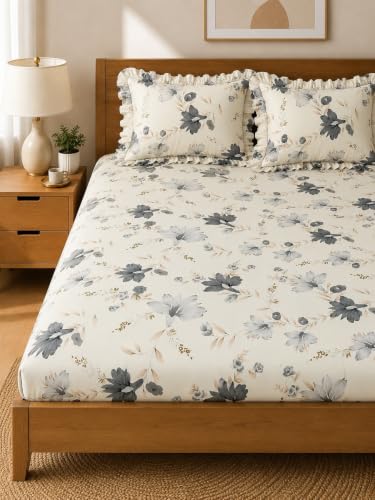 Image of 380 TC Premium Glace Cotton Elastic Fitted Bedsheet King Size with 2 Pillow Covers King Size | Double Bed with All Around Elastic (White Floral, Fitted Queen-60x78)