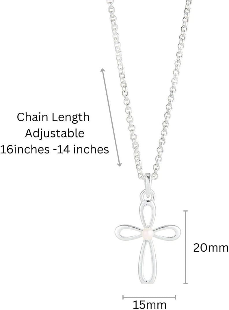 Molly B London 925 Sterling Silver Cherish Pearl Cross Necklace for Girls, Genuine Freshwater Pearl Jewelry; Baptism, First Holy Communion, Quinceañera or Flower Girl Gift