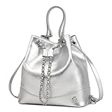 LA FESTIN Leather Purses for Women Cute Backpack Lightweight Shoulder Small Trendy Bucket Handbags with Strap Silver Chain(Silver)
