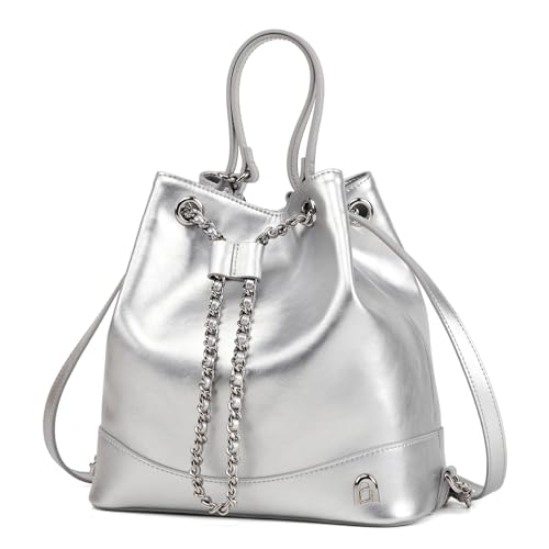 LA FESTIN Leather Purses for Women Cute Backpack Lightweight Shoulder Small Trendy Bucket Handbags with Strap Silver Chain(Silver)