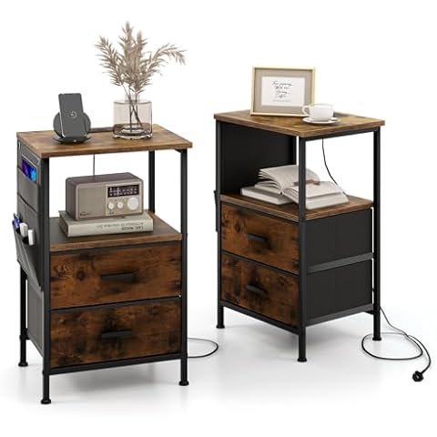 COSTWAY Industrial Bedside Table with Charging Station Cover