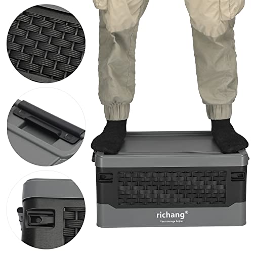 Richang 3-Pack 38L Lidded Collapsible Storage Bins Plastic Folding Stackable Utility Crates Foldable Storage Container Storage Box, Charcoal And Black #TOP3