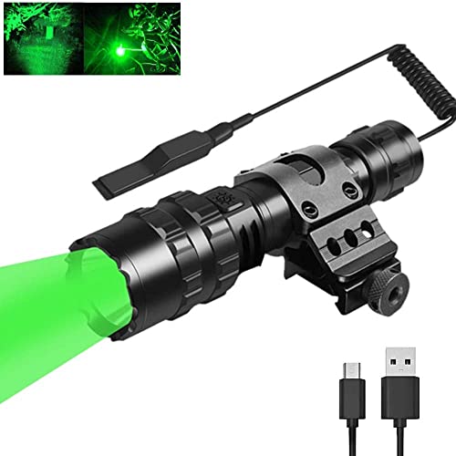 BESTSUN Green Light Flashlight Rechargeable, 3000 Lumen 350 Yards Green Hunting Flashlights with Picatinny Offset Mount 5 Modes Predator Light Coyote Varmint, Pressure Switch Included