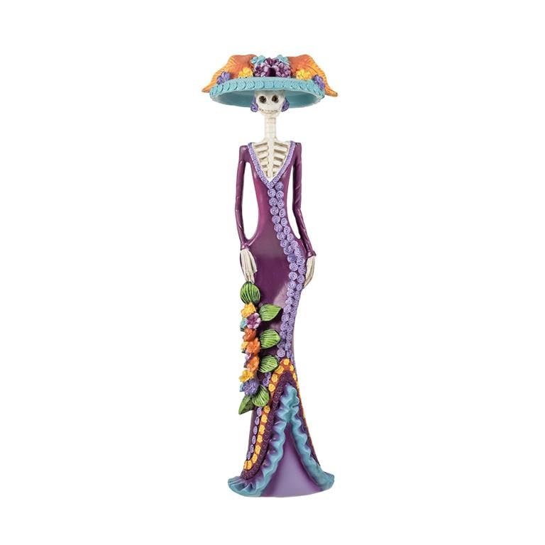 Figura Catrina Morada con Flores de Resina Pintada a Mano de 33 cm