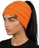Funky Junque Ponytail Beanie for Women – Ponyback Winter Hat with Soft Stretch Cable Knit, High Pony Messy Bun Hats for Running and Cold Weather Activities - Neon Orange
