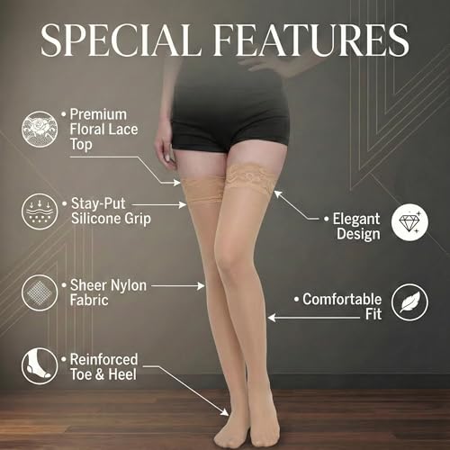 Image of Kraptick Women's Thigh High Stocking with Lace Top Soft & Stretchable Nylon Stockings Non-Slip Hold-Up Stockings for Regular Use & Comfort Fit-1