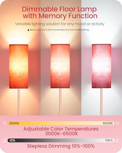 Image of Dimmable Floor Lamps for Living Room with Remote and Foot Switch, 64.4 inch Modern Standing Tall Lamp, Corner Lamp for Bedroom, Bulb Included, 3000K-6500K, FCC Listed, Sakura Pink PCP06LD05W1