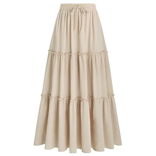 Arolina Women's Summer Maxi Skirt Trendy High Waist Pleated Ruffle Long Skirts Flowy Beach Boho Skirt Dress with Pockets Beige X-Large