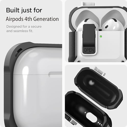Image of Olytop for Airpods 4 Case with Lock Clid, Rugged Apple Airpods 4th Generation Cover 2024 Men Women, Armor Shockproof iPod 4 Gen Protective Hard Shell with Carabiner&Cleaner kit,Black /White