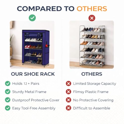 Image of Multipurpose Collapsible 4 Layer Metal Shoe Stand, Shoe Organiser for Home & Office (Dark Blue, Metal)