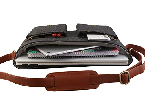Mysa Black Felt Vegan Leather Slim Vintage Messenger Crossbody Satchel Shoulder Laptop Briefcase Sleeve Bag Adjustable Strap For Office Work School Travel Fits Upto 14.5" Laptop Tablet For Men Women #TOP5
