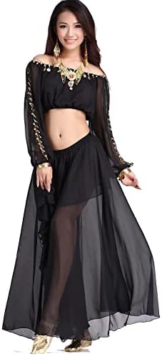 Lady's Belly Dance Long Sleeves Chiffon Top with Coins