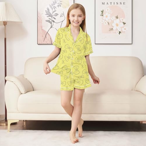 Satin Pajama Sets Short Sleeve Bow Tie Pasta Yellow Pattern Button Down Silky Nightwear 2 Piece PJS 5-14Y3