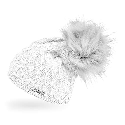 Neverless® Damen Strick-Mütze gefüttert Fell-Bommel Kunstfell Winter-Mütze Bommelmütze weiß Unisize