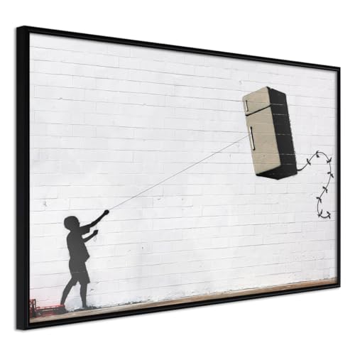 Banksy Fridge Kite Poster Encadré Noir Tableau Street Art Moderne 45x30cm