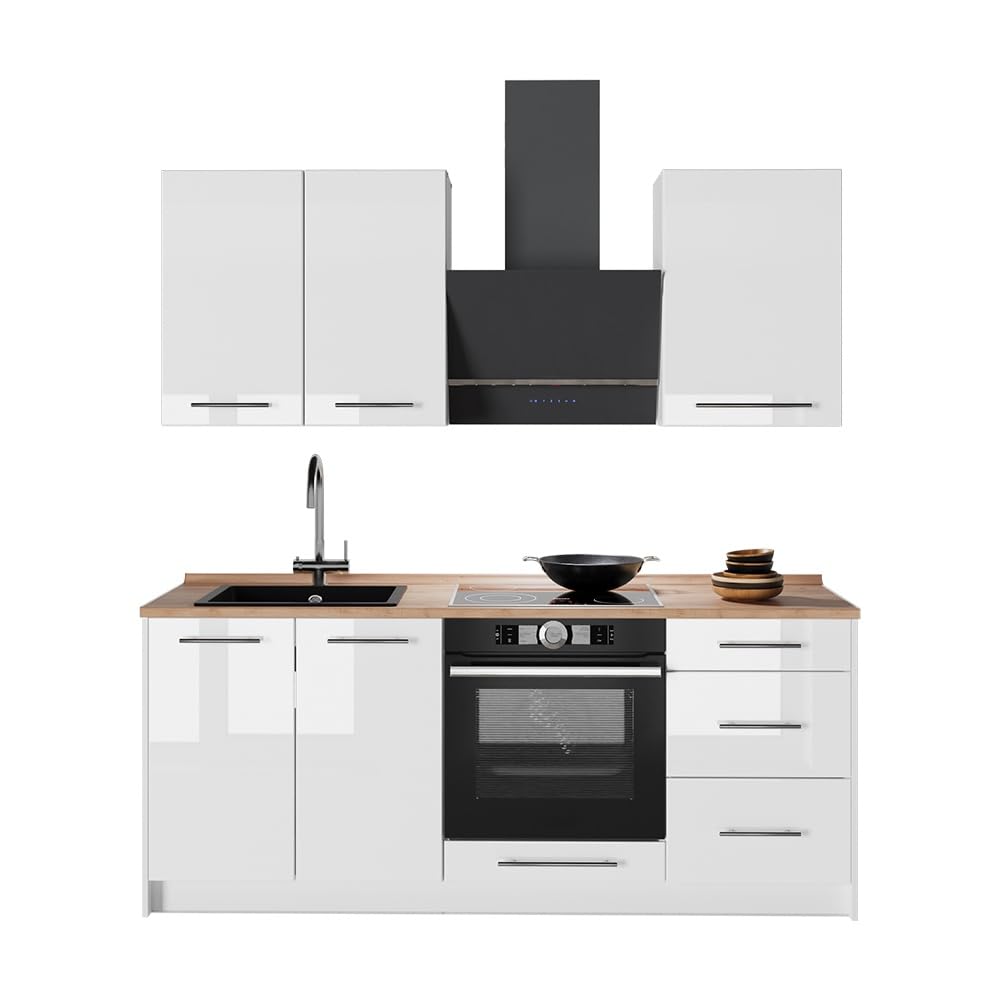 Vicco Singleküche Fame-Line, Weiß Hochglanz/Weiß, 190 cm | AP Marmor, zur individuellen Erweiterung mit kompatiblen Modulen