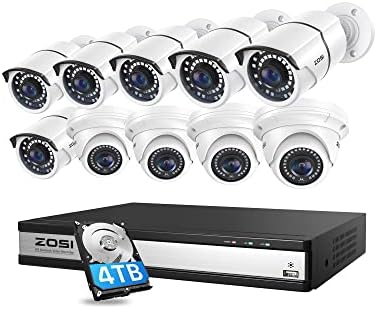 ZOSI 4K 16CH PoE Security Camera System with Hard Drive 4TB and 10pcs 5MP Outdoor Indoor PoE IP Surveillance Cameras,H.265+ 16 Channel 8MP CCTV NVR,120ft Night Vision,Remote Access,24/7 Recording