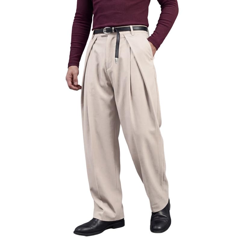 Image of FUGAZEE Cream Korean Pleated Trousers | Relaxed Fit & Korean Pants