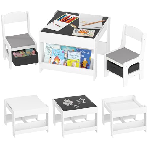 HOMCOM Set Tavolino per Bambini e 2 Sedie, Piano del Tavolo 3 in 1 con Lavagna, Contenitori e Vano Libreria, Grigio