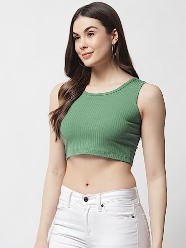 Image of POPWINGS Casual Pastel Green Solid Sleeveless Ribbed Crop Top for Women || Round Neck Summer Crop Top for Women || Crop Tops for Women Fancy Crop Top for Women